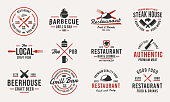 istock Trendy vintage  templates. Set of 12 emblems with design elements for restaurant business. Retro  or poster for Barbecue, Beer house, Steak House, Restaurant, butchery. Vector illustration 1208194015