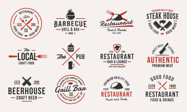 Trendy vintage  templates. Set of 12 emblems with design elements for restaurant business. Retro  or poster for Barbecue, Beer house, Steak House, Restaurant, butchery. Vector illustration Vector Illustration brewery stock illustrations