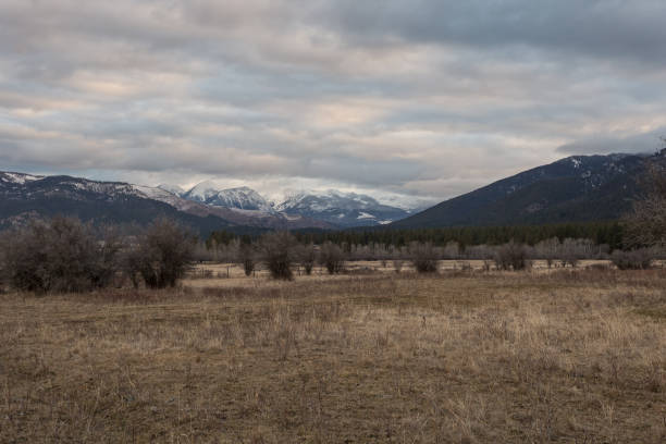 istock Vast empty field with snow capped mountain range in the distance 1208196250