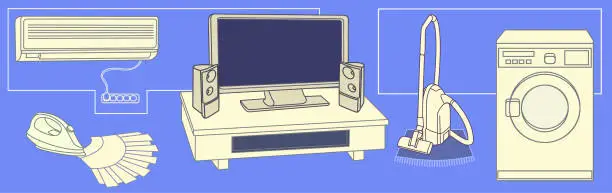 Vector illustration of Horizontal set of white and colored sketches of various home appliances