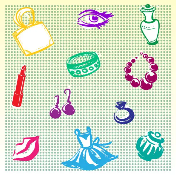 Vector illustration of Background decorated with sketches on the theme of women's perfumes and jewelry