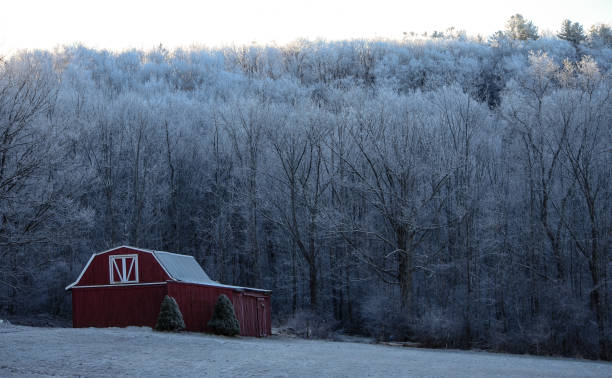 istock The Red Barn in the Wintery Scene 1208196602