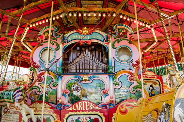 Gavioli organ at Carter's Steam Fair Basingstoke, UK - September 1, 2019:  Victorian Gavioli  organ on the historic steam gallopers ride at Carter's Steam Fair in the War Memorial Park, Basingstoke, Hampshire. basingstoke photos stock pictures, royalty-free photos & images