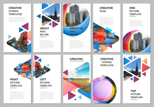Social networks stories design, vertical banner or flyer templates. Covers design templates for flyer, brochure cover. Colorful simple design background for professional business agency portfolio.