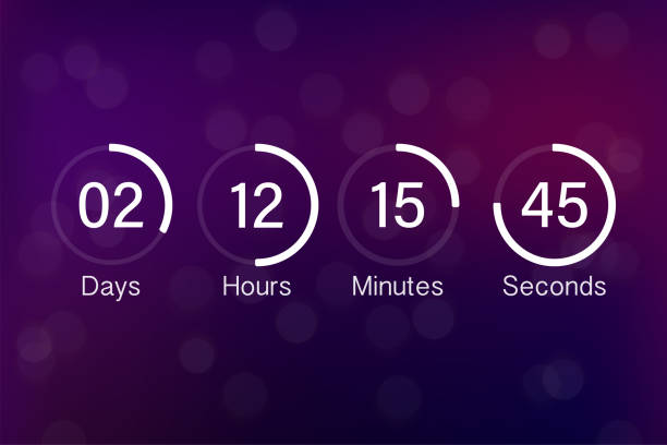 Vector countdown clock counter timer. UI app digital count down circle board meter with circle time pie diagram. Scoreboard of day, hour, minutes and seconds for web page coming soon event template. Vector countdown clock counter timer. UI app digital count down circle board meter with circle time pie diagram. Scoreboard of day, hour, minutes and seconds for web page coming soon event template calendar date circled stock illustrations