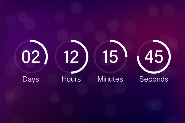 Vector countdown clock counter timer. UI app digital count down circle board meter with circle time pie diagram. Scoreboard of day, hour, minutes and seconds for web page coming soon event template. Vector countdown clock counter timer. UI app digital count down circle board meter with circle time pie diagram. Scoreboard of day, hour, minutes and seconds for web page coming soon event template countdown stock illustrations