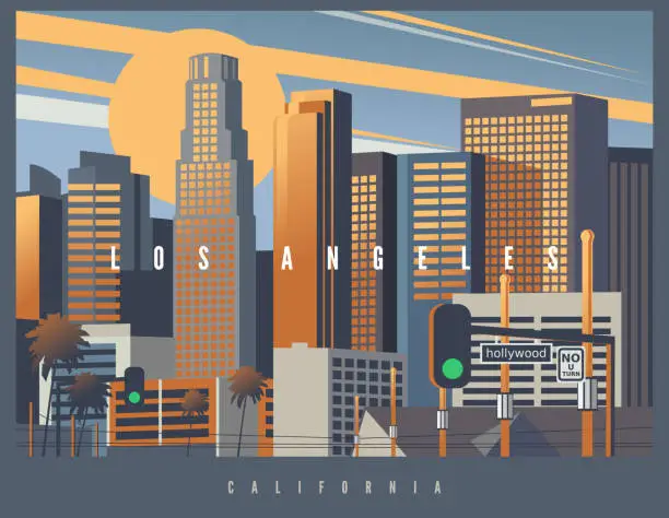 Vector illustration of Cityscape of Los Angeles during the golden hour, vector illustration. Stylized skyline LA, California, USA