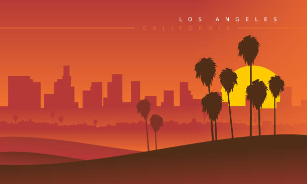 Los Angeles skyline during the sunset, viewed from the distance. Vector illustration. Stylized cityscape. California, USA Los Angeles skyline during the sunset, viewed from the distance. Vector illustration. Stylized cityscape. California, USA. los angeles stock illustrations