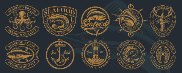 ilustrações de stock, clip art, desenhos animados e ícones de the biggest bundle of vintage illustrations for seafood theme. - fish seafood lobster salmon
