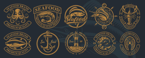 The biggest bundle of vintage illustrations for seafood theme. The biggest bundle of vintage illustrations for seafood theme. Perfect for s, badges, labels and many other uses. Text is on the separate group. commercial tuna fishing stock illustrations