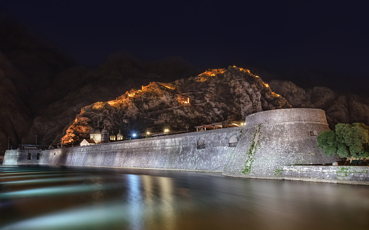Medieval fortification wall and moat which surrounding the city of Kotor, Montenegro