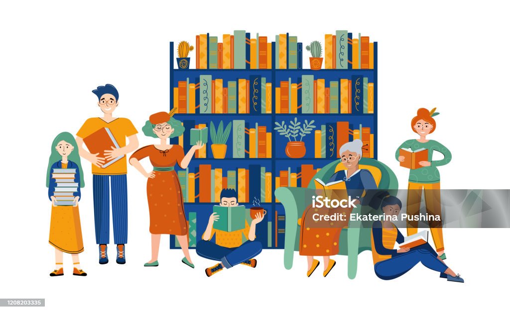 Literary Fans Family In The Home Library Reading Books People Of Different  Genders And Ages Like To Read Books Funny Cartoon Characters Next To The  Bookcase Hand Drawn Vector Illustration Stock Illustration -