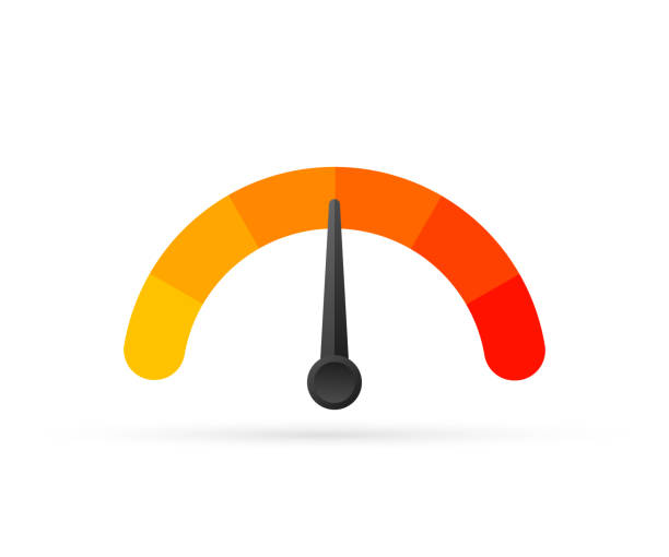 illustrations, cliparts, dessins animés et icônes de jauge de température ronde, d’isolement sur le fond blanc. échelle de demi-cercle de mesure colorée dans le modèle plat. illustration de stock de vecteur. - environmental indicator