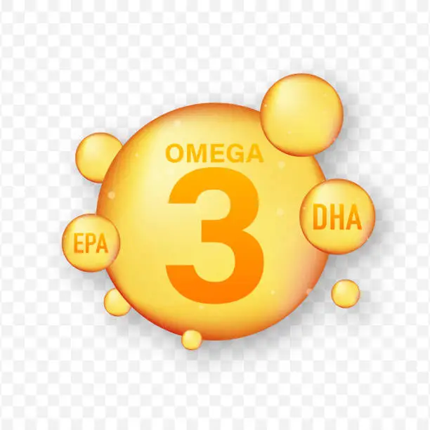 Vector illustration of Omega Fatty Acid, EPA, DHA. Omega Three, Natural Fish, Plants Oil. Vector stock illustration.