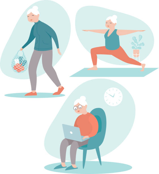 Positive senior woman activities Set of senior woman in different situations. Senior woman activities - grocery shopping, browsing internet on laptop, doing yoga. flat vector character $69 stock illustrations