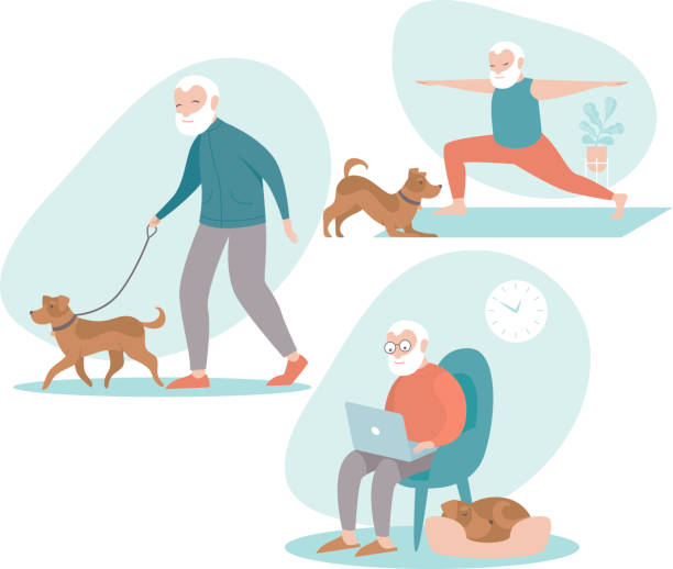 Positive senior man activities Set of senior man in different situations. Senior man activities - walking dog, browsing internet on laptop, doing yoga. flat vector character old person cartoon stock illustrations