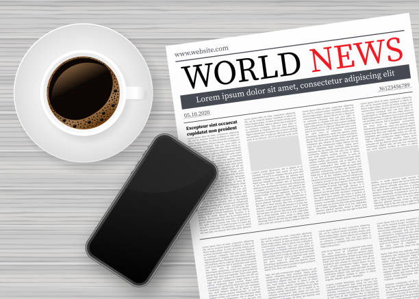istock Vector mock up of a blank daily newspaper, Coffee and smartphone. Fully editable whole newspaper in clipping mask. Vector stock illustration. 1208205891