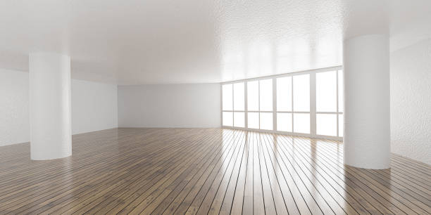 istock Big white bright loft room architecture render 3d illustration with shiny wooden floor and white textured walls day light high key lighting 1208205934