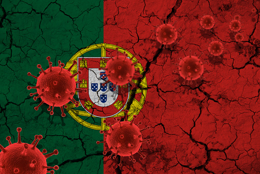 Red virus cells, pandemic influenza virus epidemic infection, coronavirus, Asian flu concept, against the background of a cracked Portugal flag