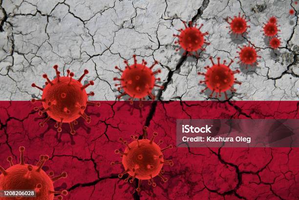 Red Virus Cells Pandemic Influenza Virus Epidemic Infection Coronavirus Asian Flu Concept Against The Background Of A Cracked Poland Flag Stock Photo - Download Image Now