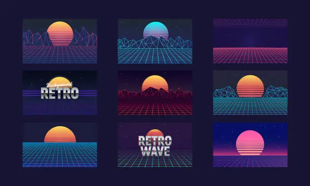 Vector illustration of Vaporwave backgrounds with laser grid and retro sun. Retro futuristic sunsets - abstract landscapes 80s. Set of Cyberpunk backgrounds templates. Vector illustration