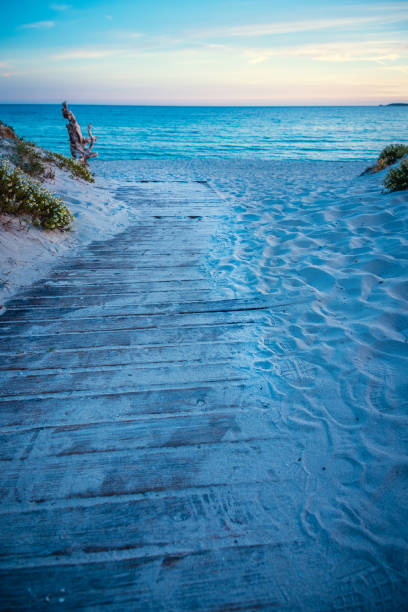 istock Wooden boardwalk in Maria Pia beach at sunset 1208208022