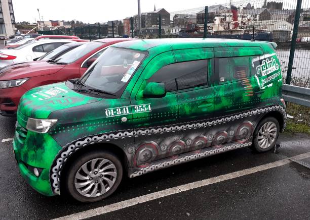 Tank car 2nd February 2020 Drogheda, County Louth, Ireland. Graphic design company car decorated to look like a tank in a car park in Drogheda town. commercial car wrap stock pictures, royalty-free photos & images