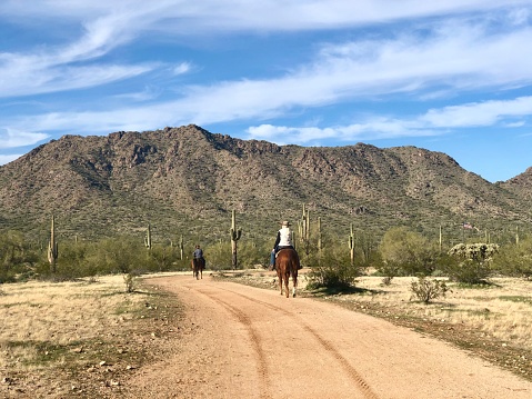 Horseback riding on a trail in the San Tan Mountain Regional Park, near Phoenix, Arizona. The park offers eight miles of trails for hiking, mountain biking and horseback riding. Trails offer a unique perspective of the lower Sonoran Desert with wildlife, plant-life and scenic mountain views.