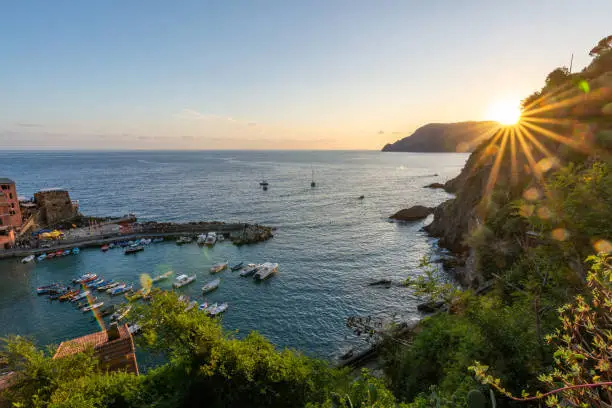 Photo of View from Vernazza during sunset at Cinque Terre with blue sky