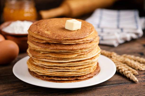 istock Stack of blini, Russian thin pancakes or crepes 1208212002
