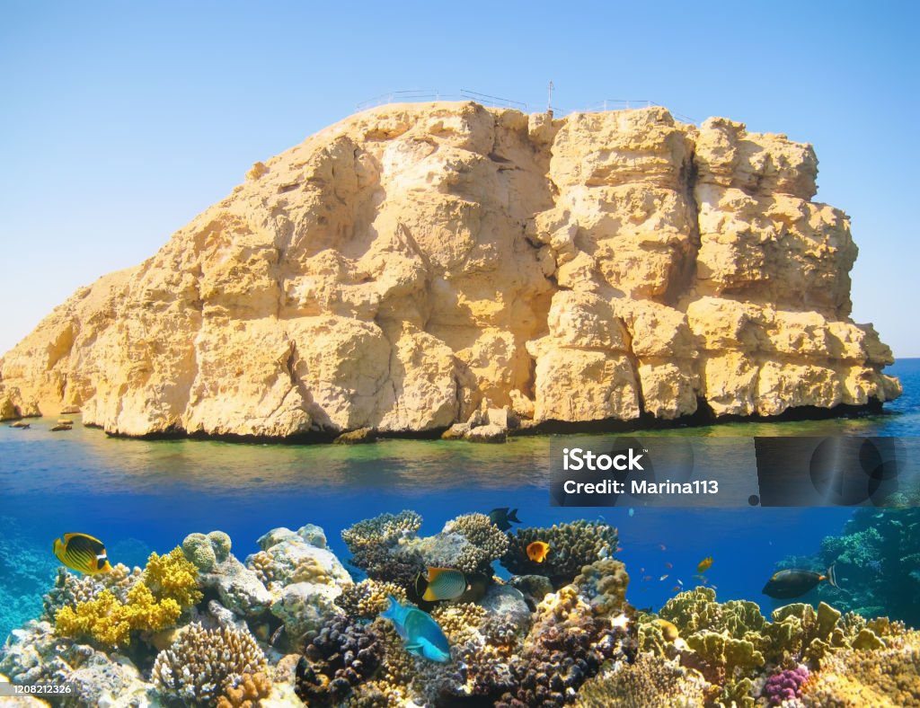 Split shot with coral reef underwater and rocky land of the Ras Muhammad National Park Split shot with coral reef underwater and rocky land of the Ras Muhammad National Park, Red Sea, Egypt Muhammad - Prophet Stock Photo