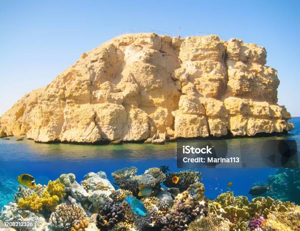 Split Shot With Coral Reef Underwater And Rocky Land Of The Ras Muhammad National Park Stock Photo - Download Image Now