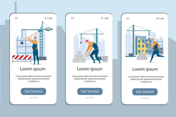 illustrazioni stock, clip art, cartoni animati e icone di tendenza di set di pagine dell'app per dispositivi mobili con la progettazione delle fasi di costruzione - plan urban scene city life construction