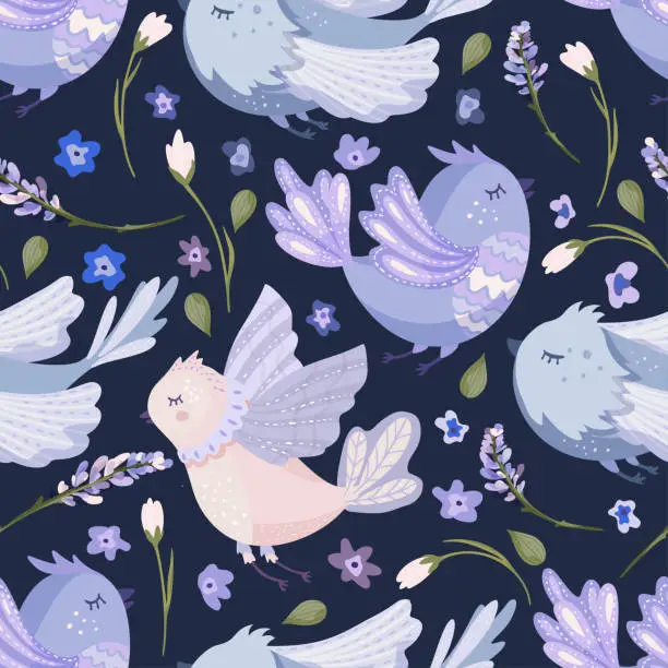 Vector illustration of Provence seamless cute bird vector pattern.