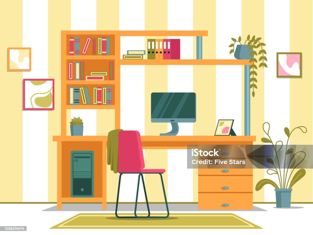 Working Spot For Studying With Pc In Kids Room Stock Illustration -  Download Image Now - Animal, Book, Bookshelf - iStock
