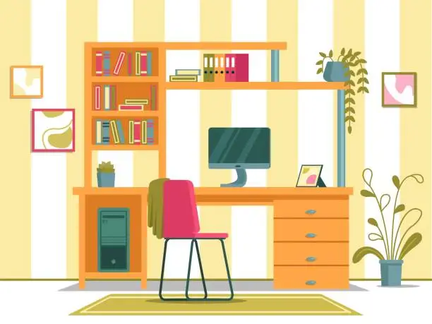Vector illustration of Working Spot for Studying with PC in Kids Room