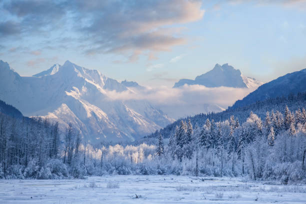 schöne winterszene mit schneebedeckten bergen und einem zugefrorenen fluss mit blauem himmel. - alaska stock-fotos und bilder