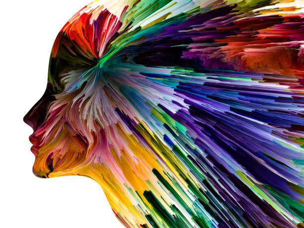Forces Inside Disturbing Thoughts series. Moody paint in motion inside human face silhouette. Artwork on the subject of inner world, mind, psychology, depression, anxiety, mental illness, creativity and abstract art. edgy drawings stock illustrations