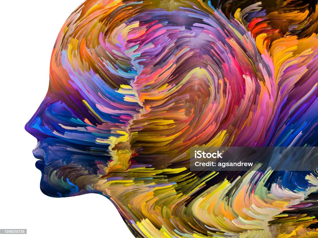 Internal Forces Disturbing Thoughts series. Textured paint in motion inside human face silhouette. Artwork on the subject of inner world, mind, psychology, depression, anxiety, mental illness, creativity and abstract art. Abstract stock illustration