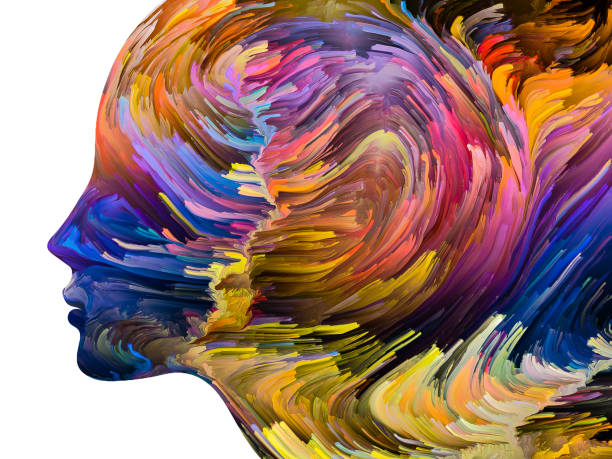 Internal Forces Disturbing Thoughts series. Textured paint in motion inside human face silhouette. Artwork on the subject of inner world, mind, psychology, depression, anxiety, mental illness, creativity and abstract art. sad woman thinking stock illustrations