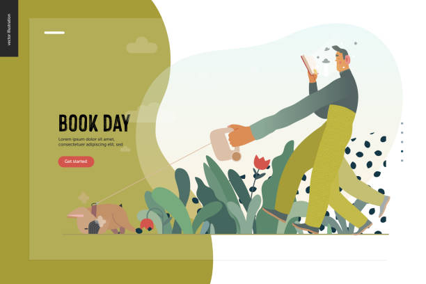 World Book Day, grass World Book Day graphics, dog walk web template, book week events. Modern flat vector concept illustrations of reading people -a man reading a book with enthusiasm, walking a bulldog pulling a leash bulldog reading stock illustrations