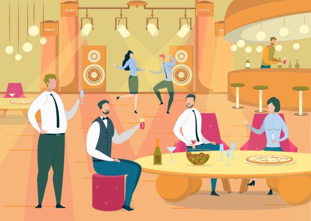 Friends Rest in Club Flat Vector Illustration Friends Rest in Club Flat Vector Illustration. Friendly Colleagues Clubbing Together Cartoon Characters. Adult Men and Women Relaxing in Drinking Establishment. Coworkers Leisure, Collective Pastime bar drink establishment illustrations stock illustrations