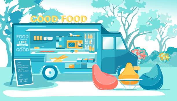 street food and drink truck transport in city park - back seat illustrations stock-grafiken, -clipart, -cartoons und -symbole