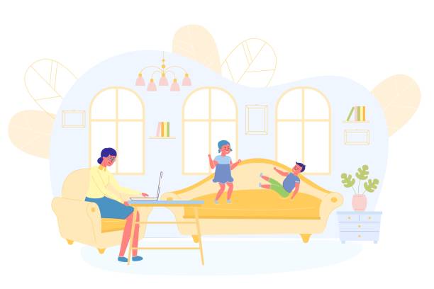 Children Play and Disturb Mom from Working at Home Children Play and Disturb Mom from Working at Home. Woman in Chair at Table and Trying Focus on Work. She Angry with Children who Noisy and Jumping on Couch. Its Difficult for her Fulfill Work Plan. positive negative slide stock illustrations