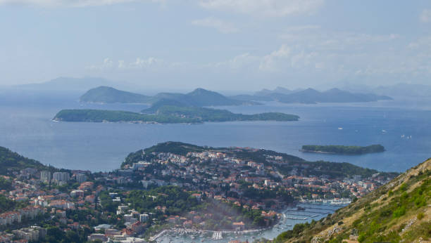 Croatian Islands off the Coast of Dubrovnik View of the vast seascape across the islands of Lopud, Kolocep and Sipan, off the coast of Dubrovnik, Croatia. dubrovnik lopud stock pictures, royalty-free photos & images