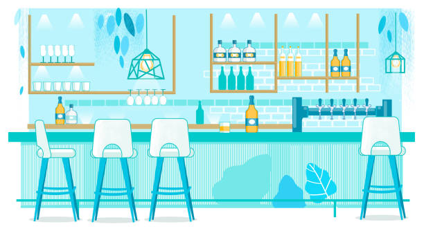 Pub or Cafe Interior with Bar Counter and Stools Beer Pub or Cafe Interior with Bar Counter and Stools. Shelves with Alcohol Bottles, Glasses. Hanging Lamps. Drinking Establishment. Natural Design Interior. Cartoon Flat Vector Illustration bar drink establishment illustrations stock illustrations