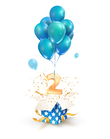 Open textured gift box with number 2 flying on balloons. Greeting for second anniversary isolated vector design elements. Two years celebrations