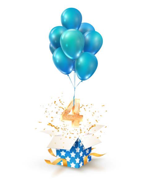 öffnen sie strukturierte geschenk-box mit der nummer 4. fliegen auf ballons. vier jahre feierlichkeiten. gruß des vierten jahrestages isoliertvektor design elemente. - confetti balloon white background isolated stock-grafiken, -clipart, -cartoons und -symbole