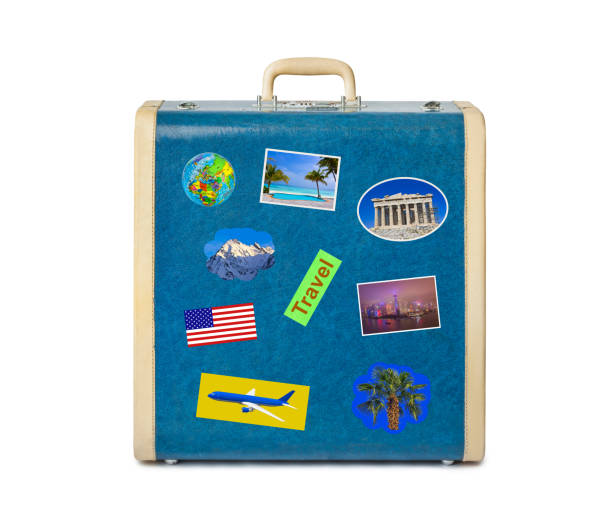 istock Vintage suitcase with travel stickers 1208232876