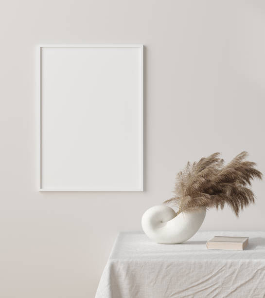 istock Mock up frame close up with dry grass in vase on table, Scandinavian style 1208233051